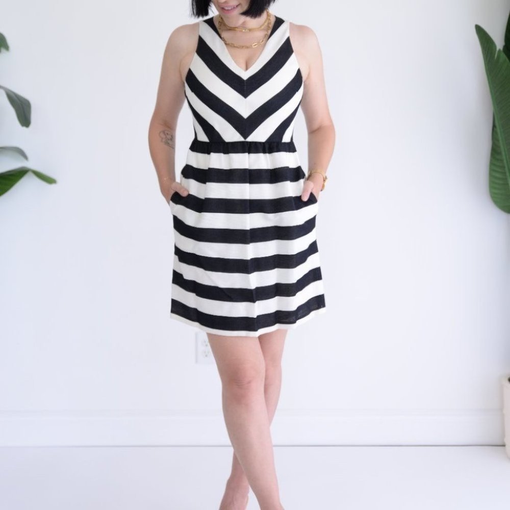 LOFT Black and White Stripe Fit & Flare Sleeveless V-Neck  Dress Size 0